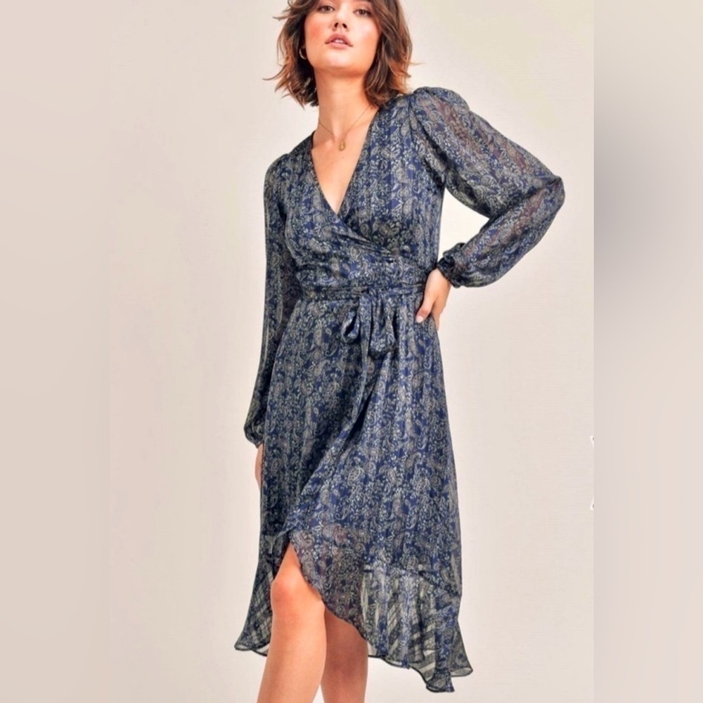 RESET By Jane Marissa Paisley Ruffle Navy Patterned Long Sleeve Dress NWT Size:S